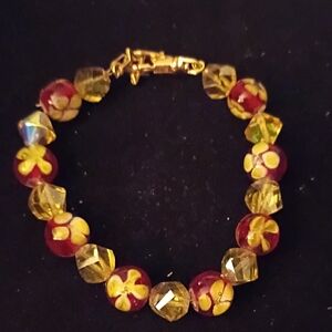 Floral Red and Yellow Bead Bracelet for Women